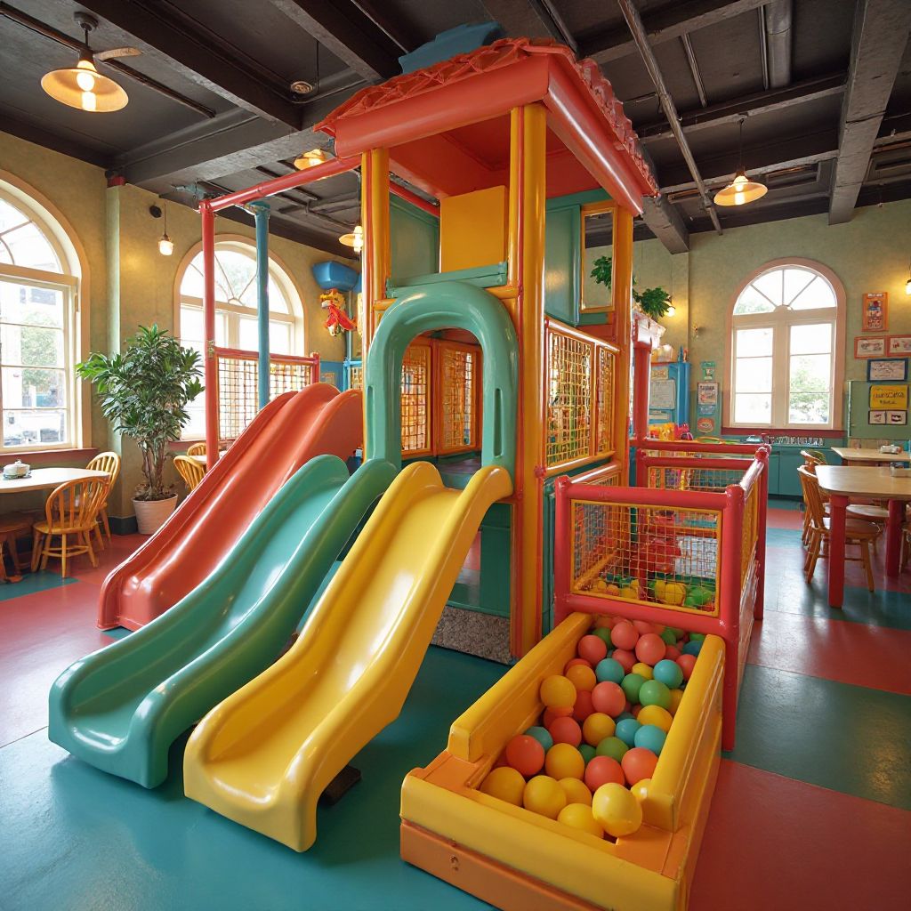 Indoor playground area with safe equipment for different age groups